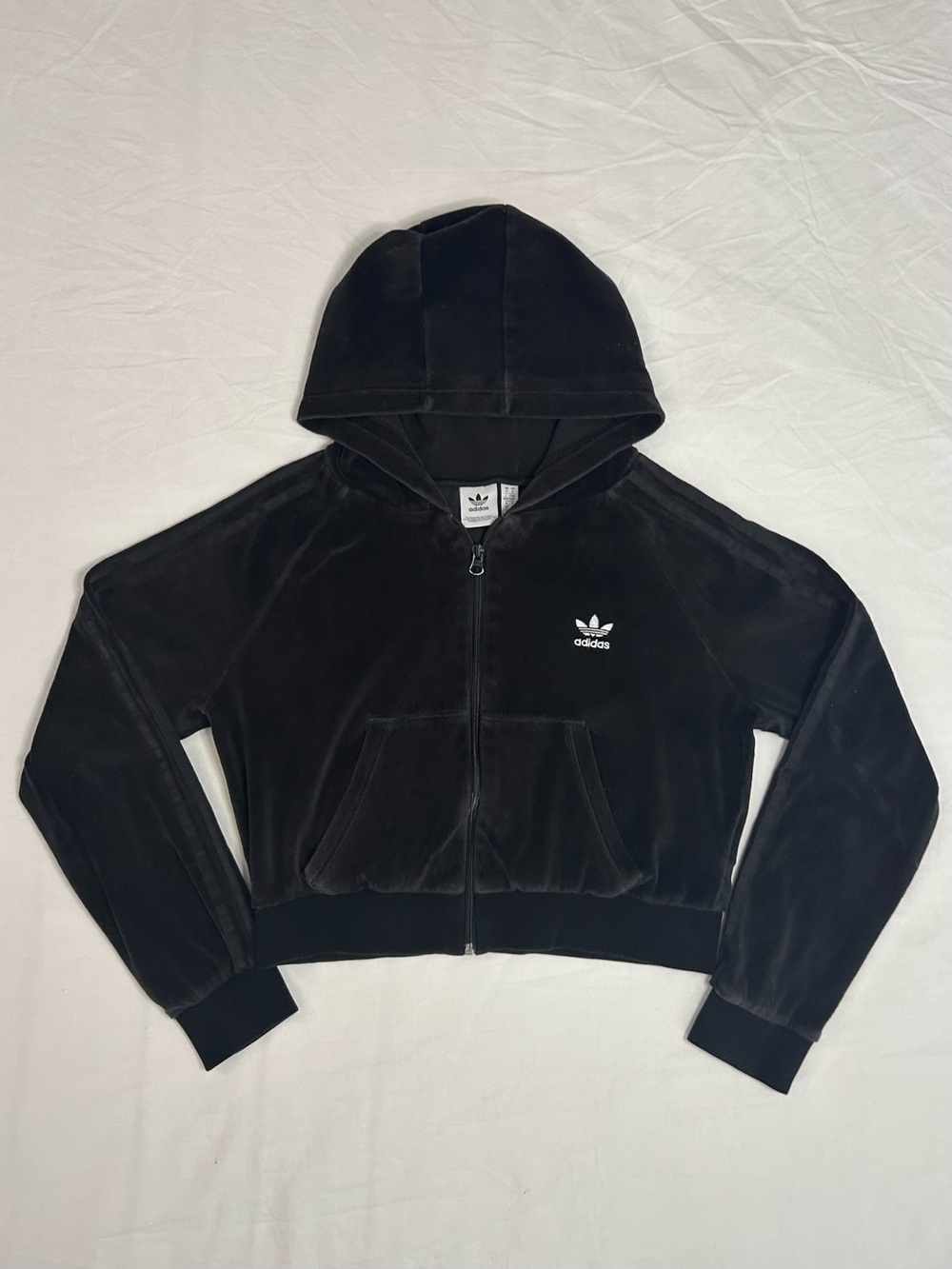 Adidas Originals Black Velour Cropped Zip-Up Hoodie